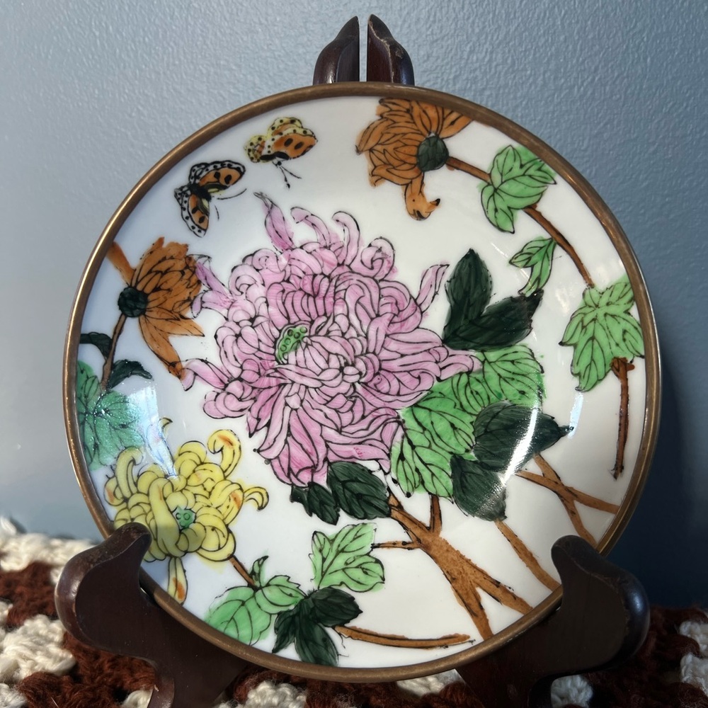 1930s Hand-Painted Porcelain and Brass Bowl Wall Decor